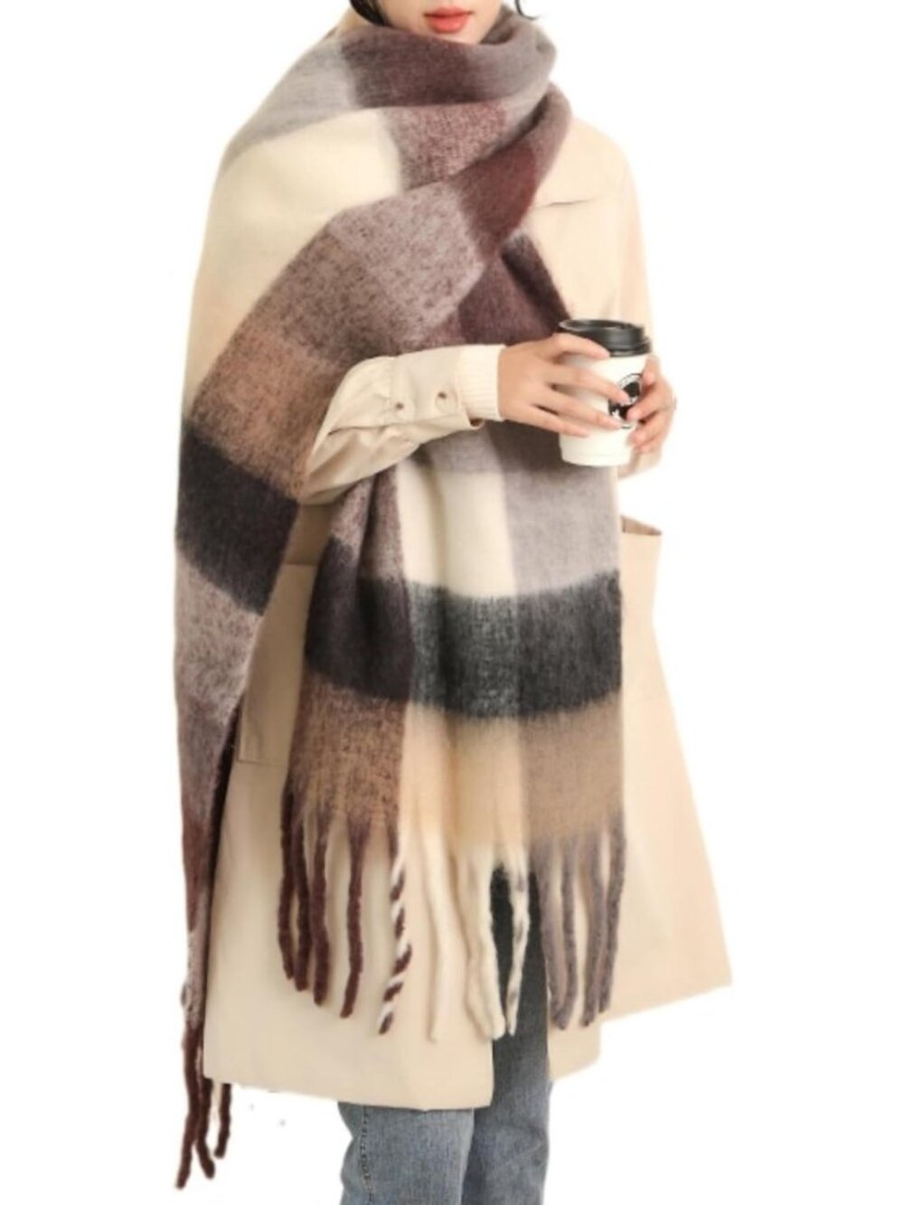 Cozy Oversized Chunky Knit Plaid Scarf for Women - Warm Thick Winter Accessory